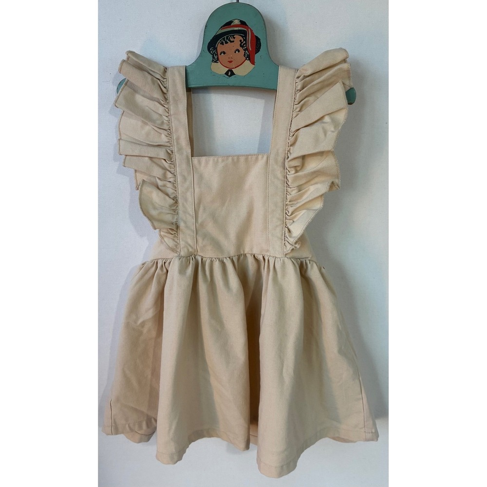 Retro Cottagecore Apron Pinafore Ruffle Strap Girls 3T Beige Excellent
